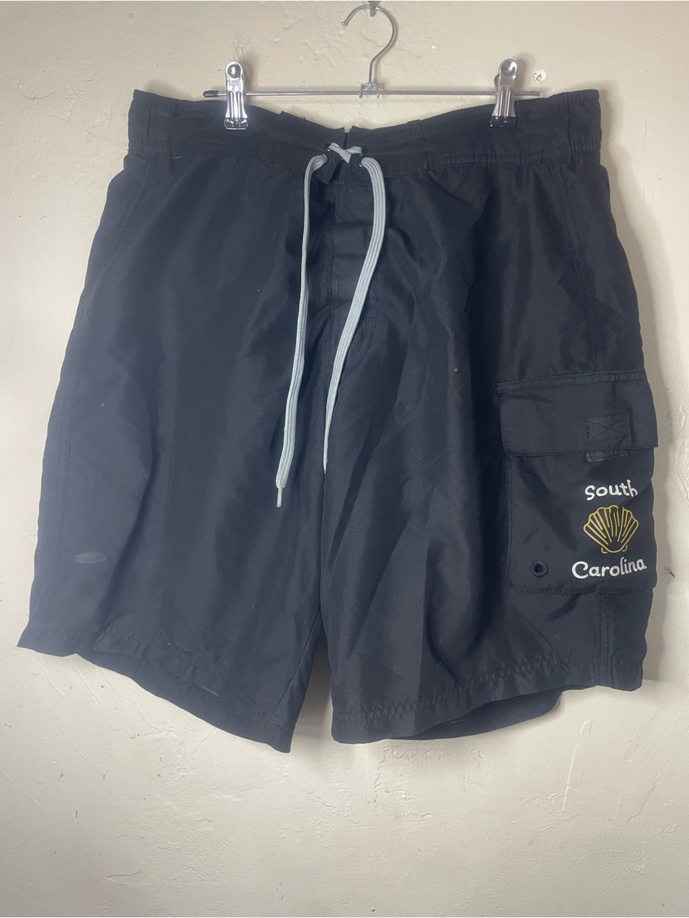 American Crown Mens Size L Black Swim Shorts Drawstring Lined Pockets